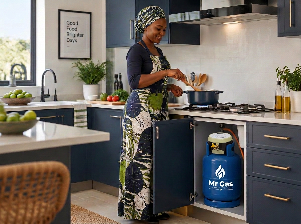 A Mr Gas customer cooking on a smart LPG system with a branded Mr Gas cylinder